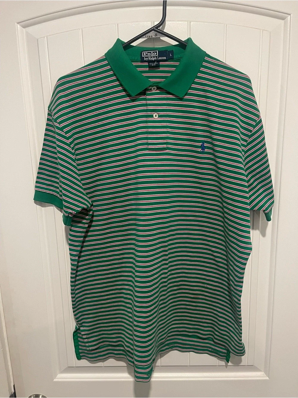 Ralph Lauren Green Striped Polo with Pink and White Accents